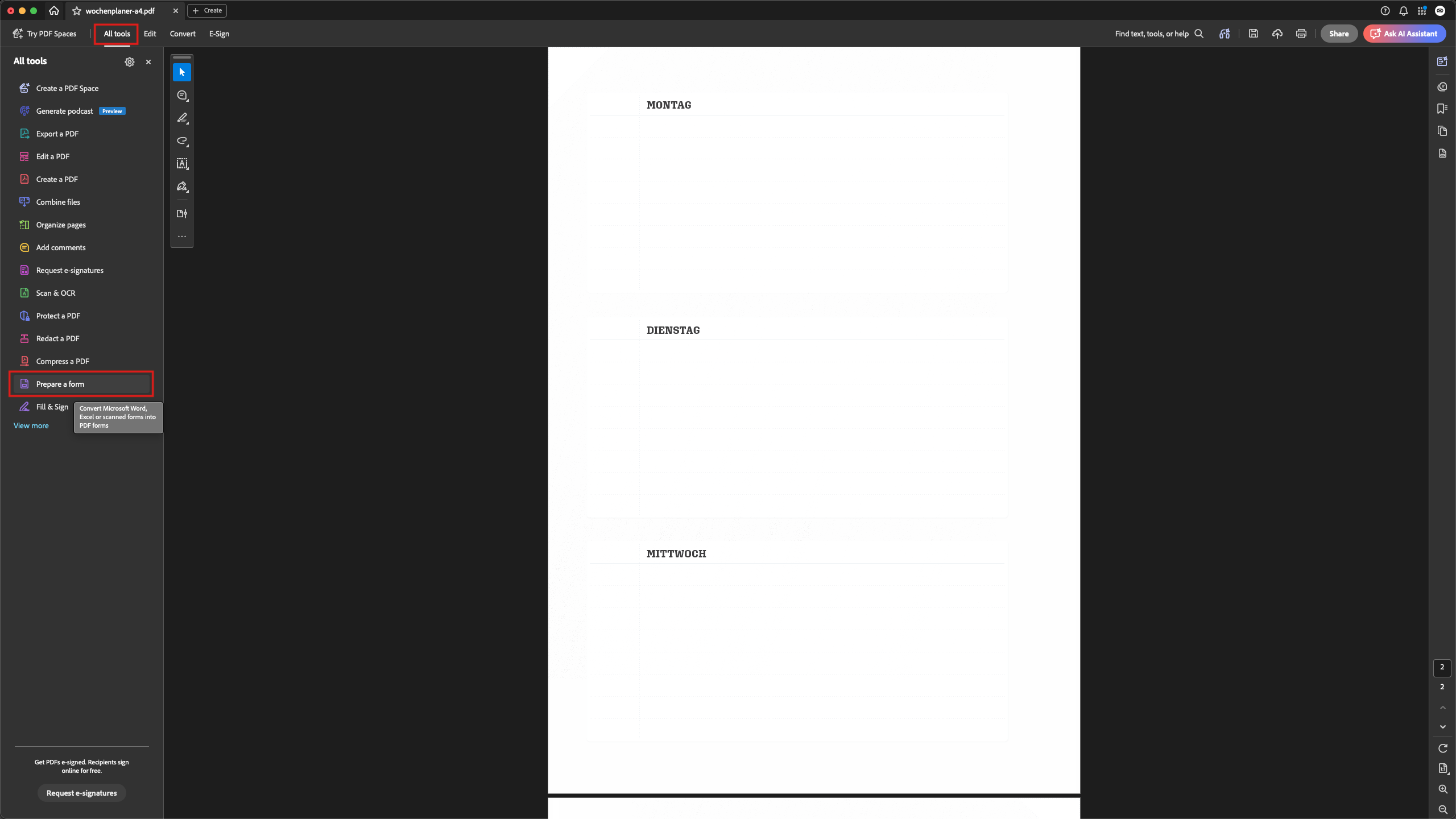 Adobe Acrobat mit geoeffneter PDF-Vorlage als Ausgangspunkt